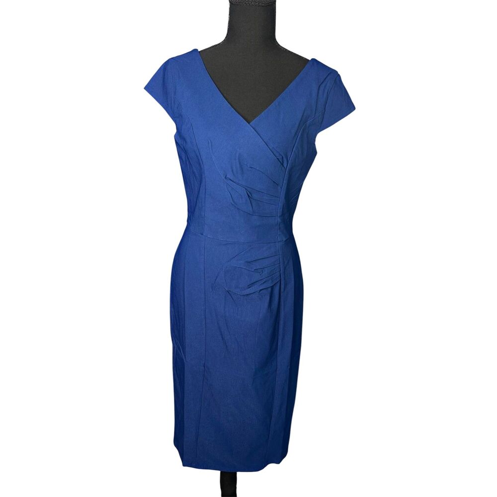 Womens Royal Blue Sheath Dress Sz L Classic Office Cocktail Pin-Up Chic Ruched